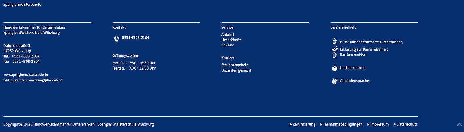 Screenshot des Footer-Bereichs auf www.spenglermeisterschule.de