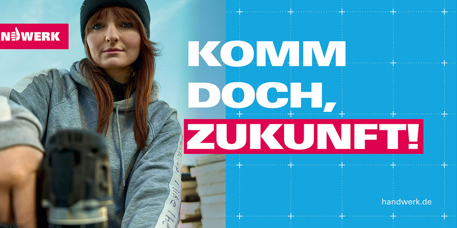 Auf den Bild ist eine Frau. Text: Komm doch, Zukunft