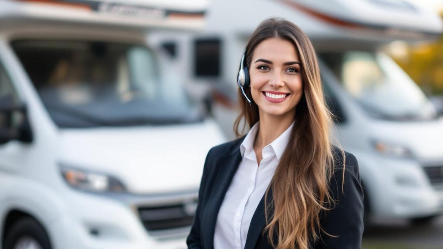 Junge Frau im Businessoutfit mit Headset und Tablet steht lächelnd vor weißen Wohnmobilen.