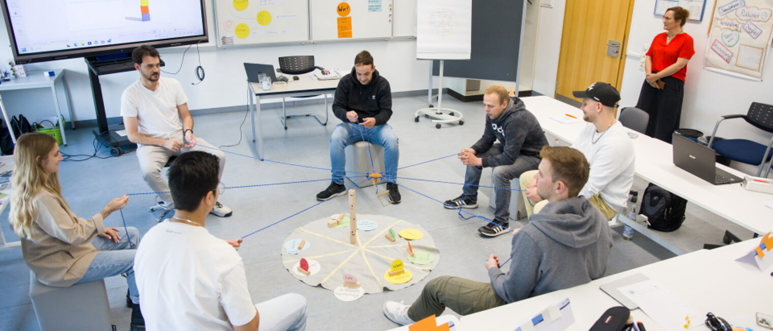 Gruppe sitzt im Kreis, verbindet Fäden mit Holzrad, Workshop-Szene mit Flipcharts, Whiteboards und Trainerin im Hintergrund.