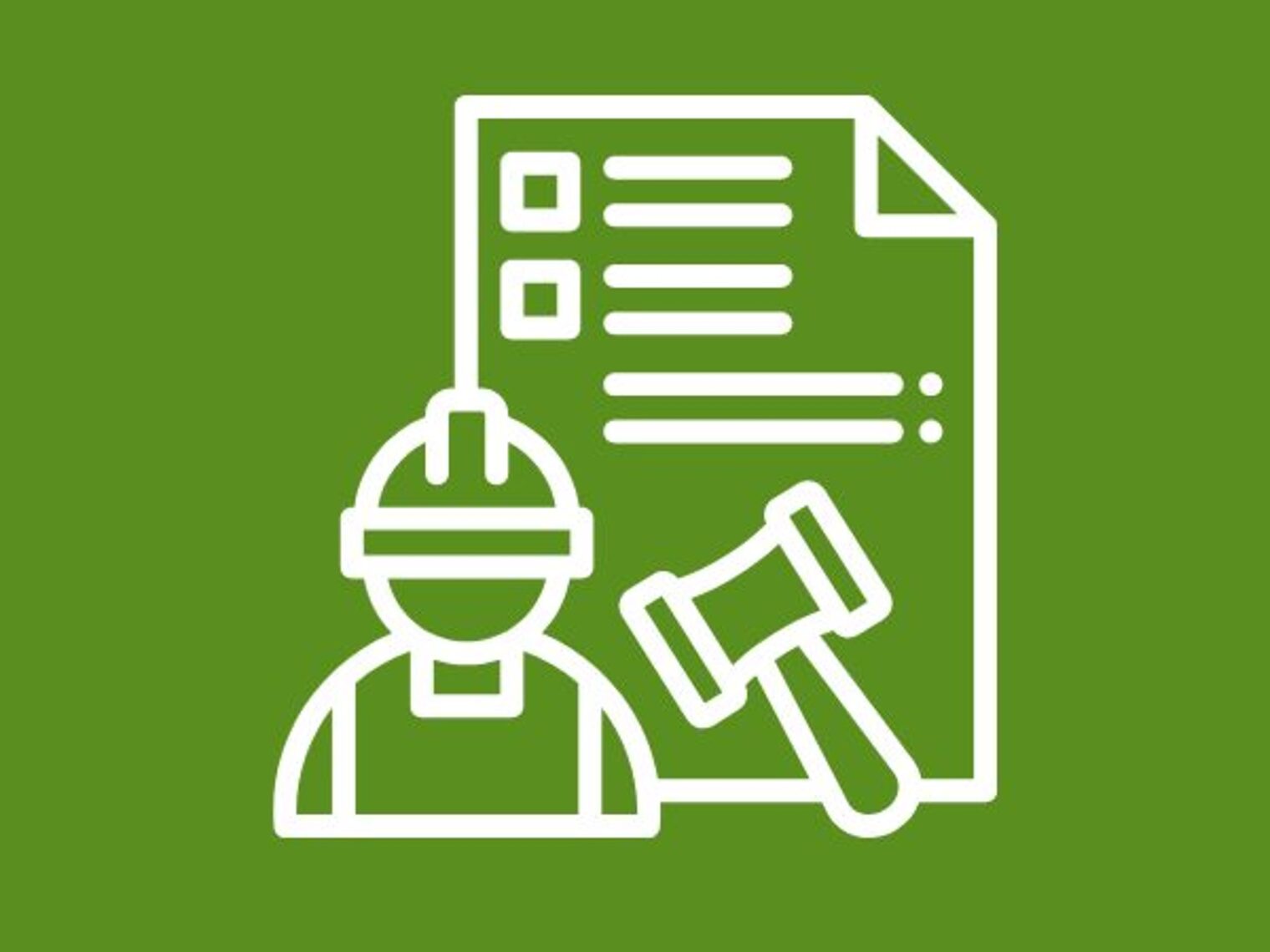 Weißes Icon auf grünem Hintergrund: Vertrag, Arbeiter mit Bauhelm und Richterhammer