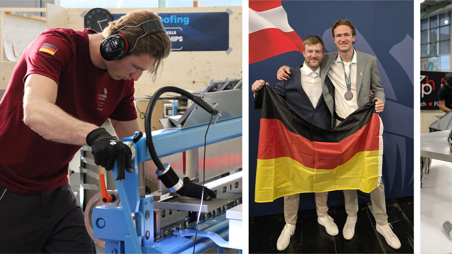 Collage mit Bilder von Spengler bei Arbeit und Siegerfoto mit Deutschlandflagge