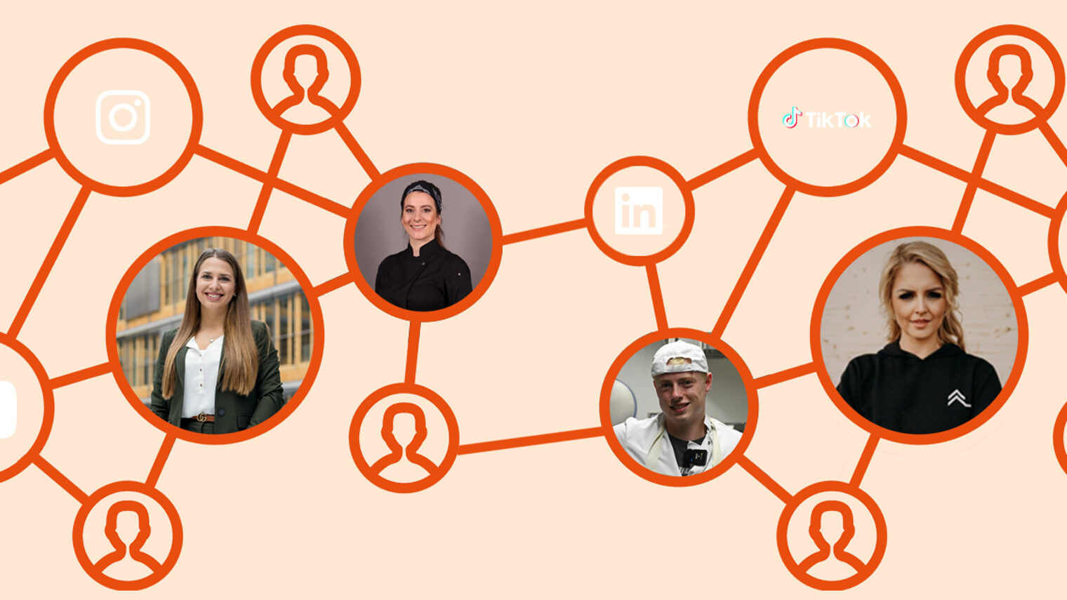 Grafik Netz mit Social Media Icons und Fotos von Personen