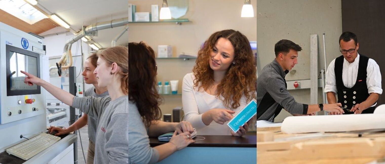 Drei Bilder von Auszubildenden im Gespräch mit Ausbildern oder Kunden