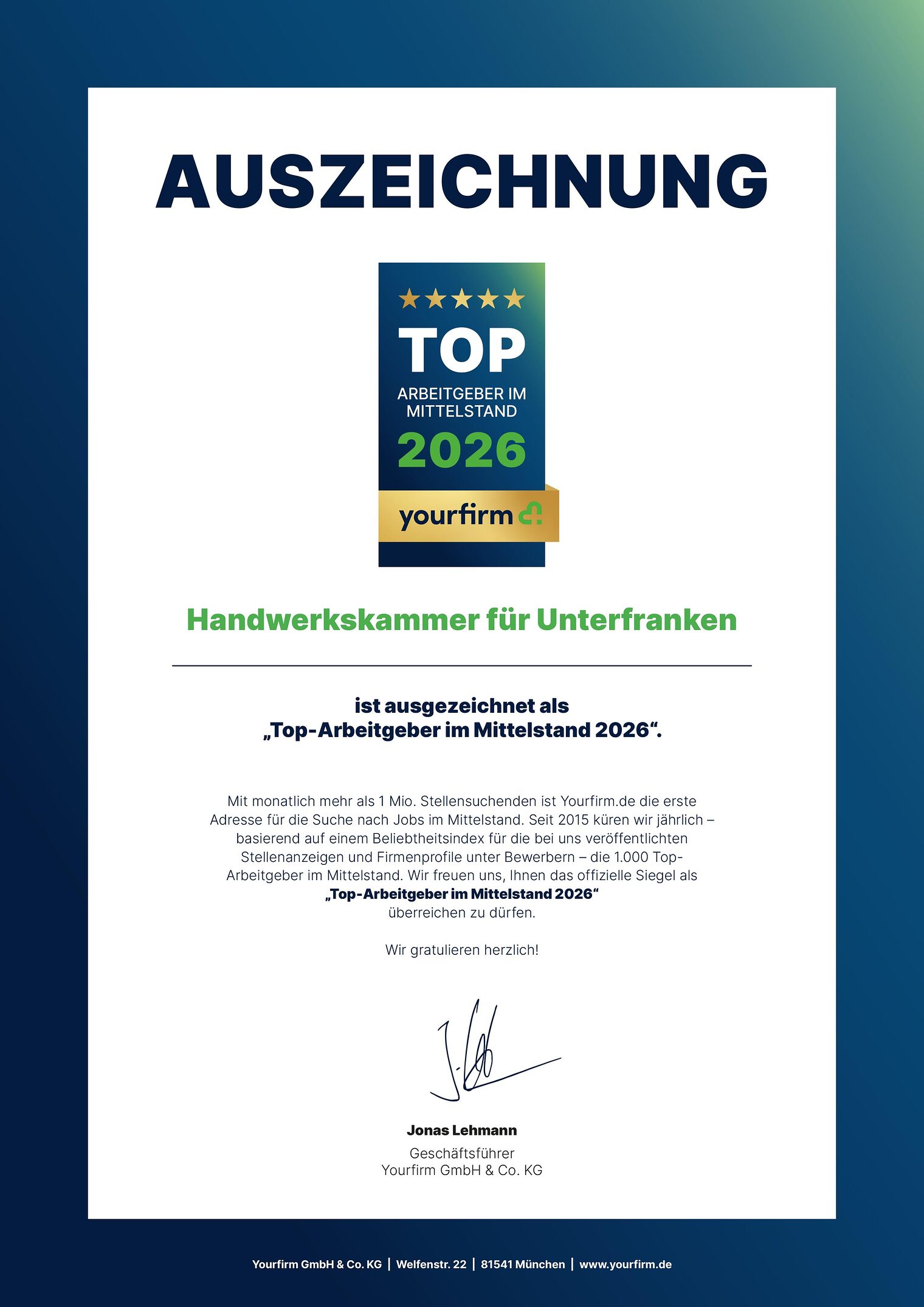 Urkunde mit Text "Auszeichnung Top-Arbeitgeber 2026 Handwerkskammer für Unterfranken"